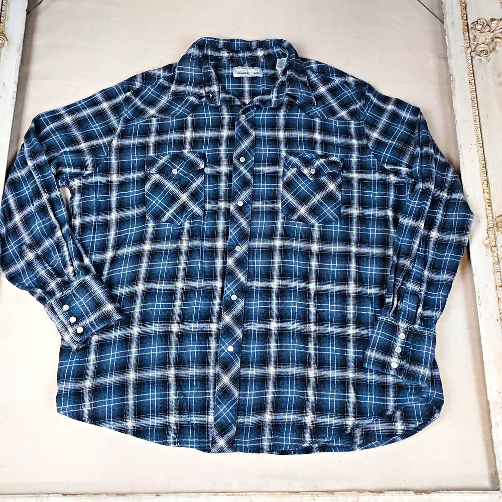 Wrangler Wrancher Men's XL Blue Plaid Pearl Snap Western Shirt 100% Cotton